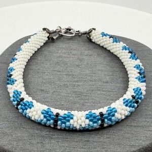 Blue White Seed Bead Floral Rope Bracelet Silver Tone Toggle Clasp Bohemian